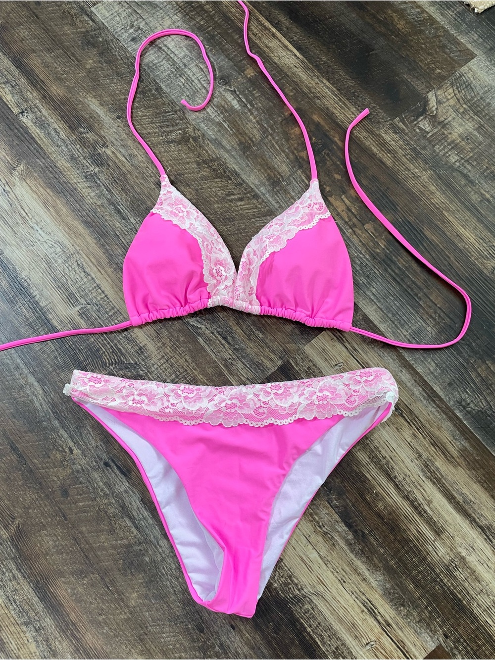 Pink Lace Trim Triangle Bikini Set - Women's Swim